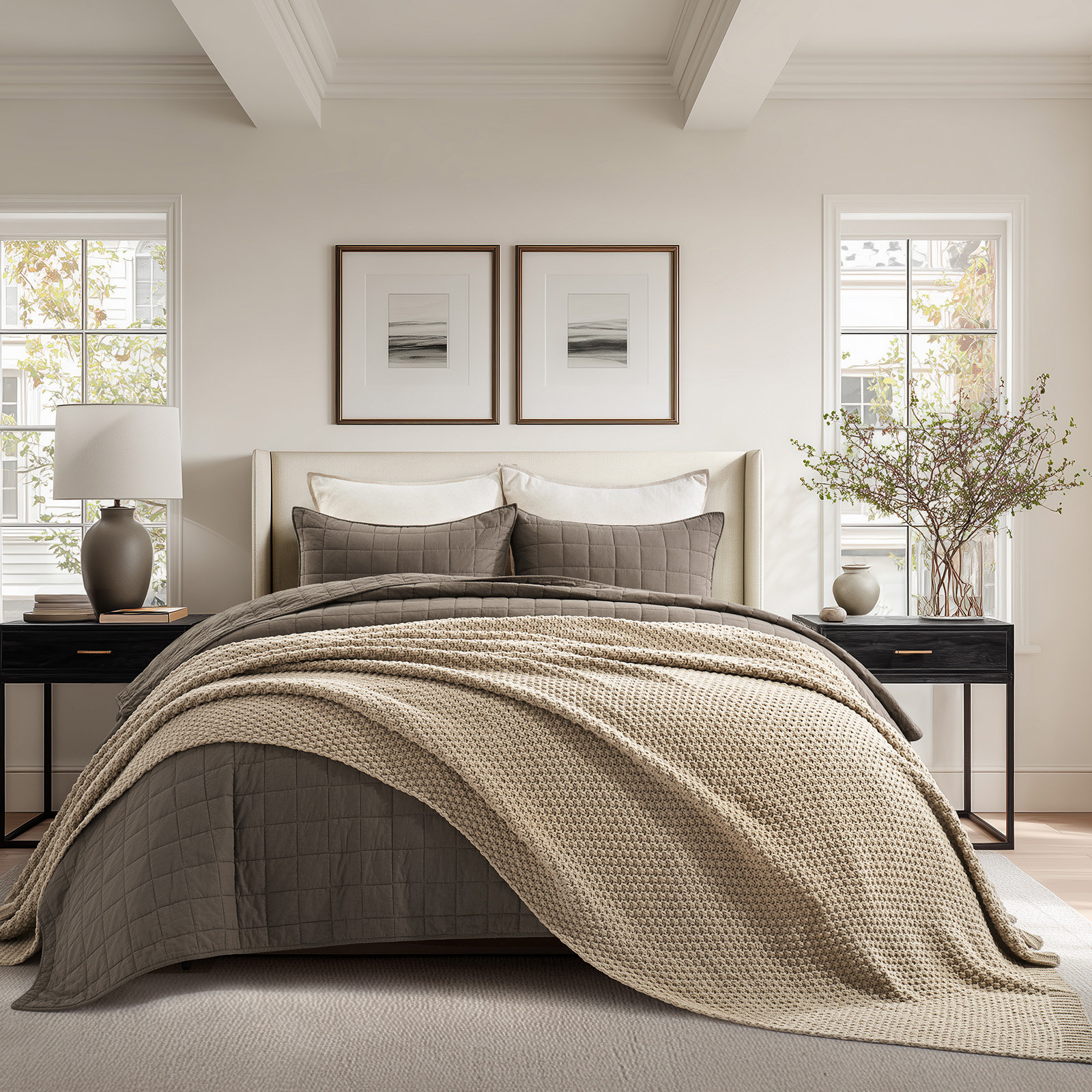 Chunky Chenille Knit Throw Blanket, Beige, 80" L x 60" W