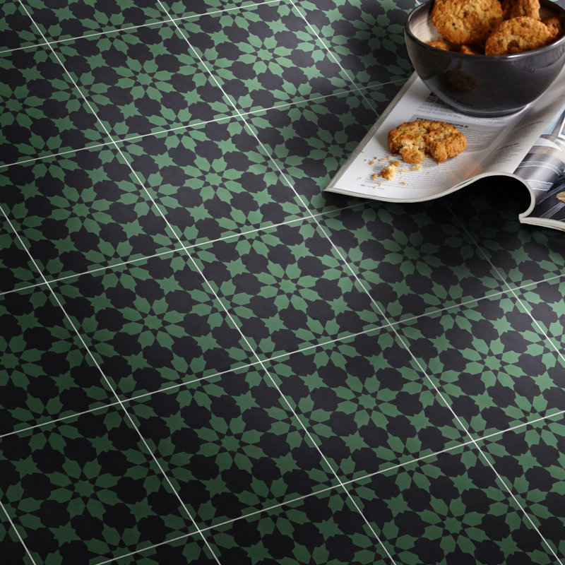 Ahfir 8" x 8" Cement Singular Wall & Floor Tile, Green/Black