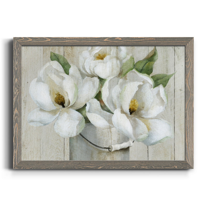 Shiplap Magnolias - Reproduction d'art sur toile encadrée, H 31 po x l 44 po x P 1 po, Toile avec cadre gris