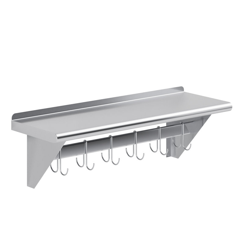 36" Stainless Steel Wall Mounted Shelf with Hooks and Brackets