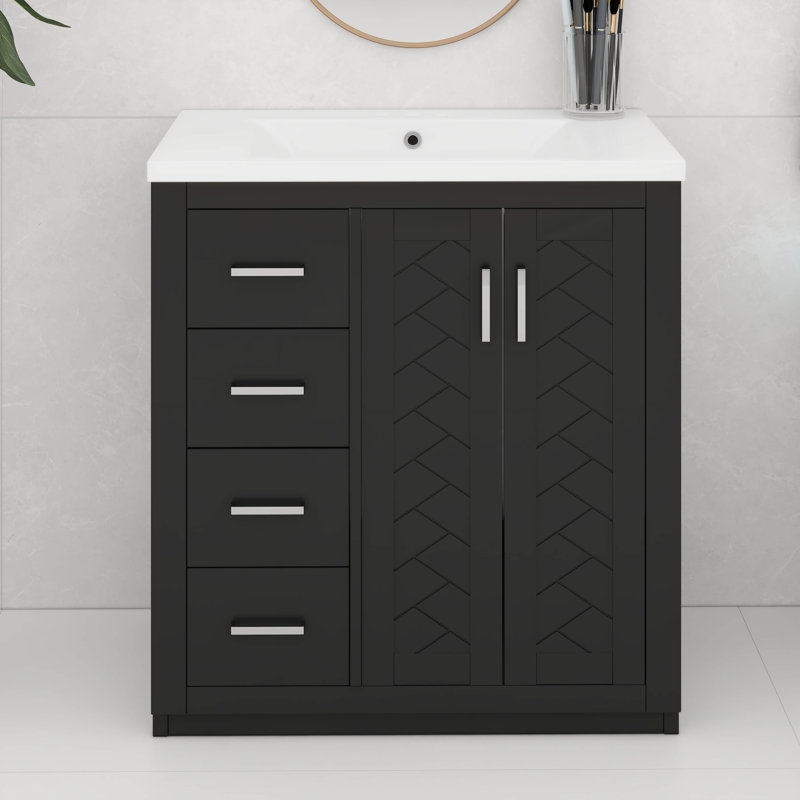 Meuble-lavabo 30 po avec lavabo, meuble-lavabo en bois massif avec 3 tiroirs, Noir