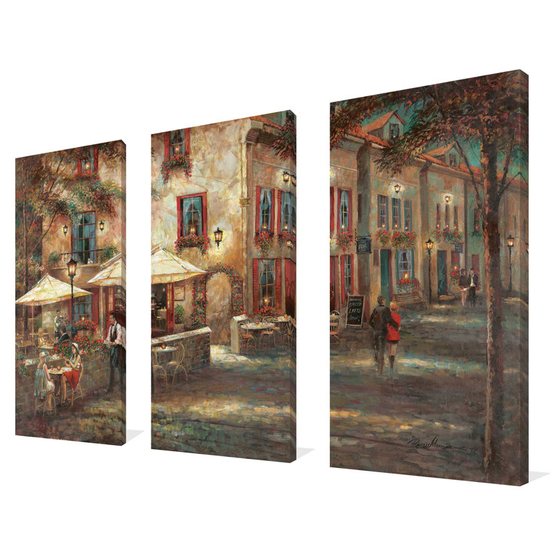 Courtyard Cafe - Ensemble de 3 peintures sur toile tendue, H 24 po x l 36 po x P 0,75 po
