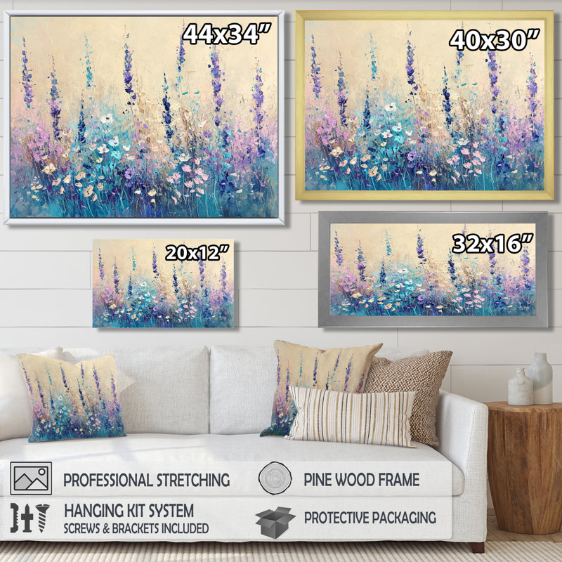 Fleurs mauves et bleues en fleurs - Art mural fleurs sauvages, Toile avec cadre flottant noir, H 30 po x l 40 po x P 1,5 po