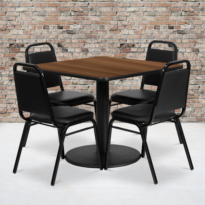 Jamie 36'' Square Table Set with Round Base and 4 Trapezoidal Back Banquet Chairs, Walnut