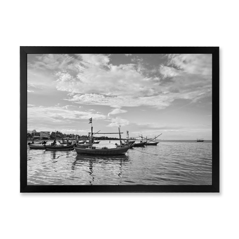 Paysage de pêcheur noir et blanc - Peinture sur toile, Cadre d'angle fermé noir, H 8 po x l 12 po x P 1 po