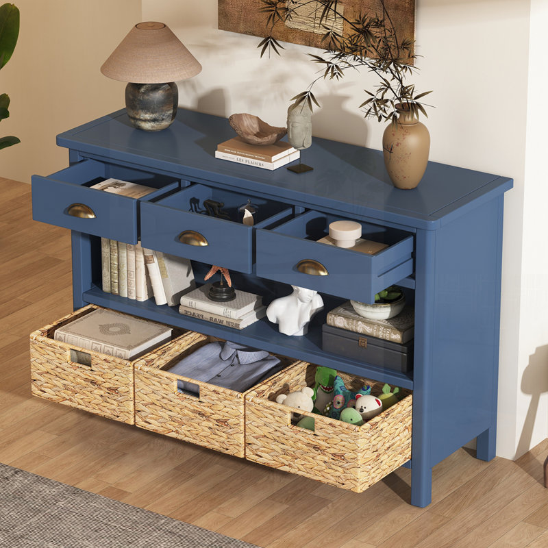 Console rétro avec 3 tiroirs de rangement et paniers tissés, parfaite pour le vestibule, le couloir et l'organisation du salon.