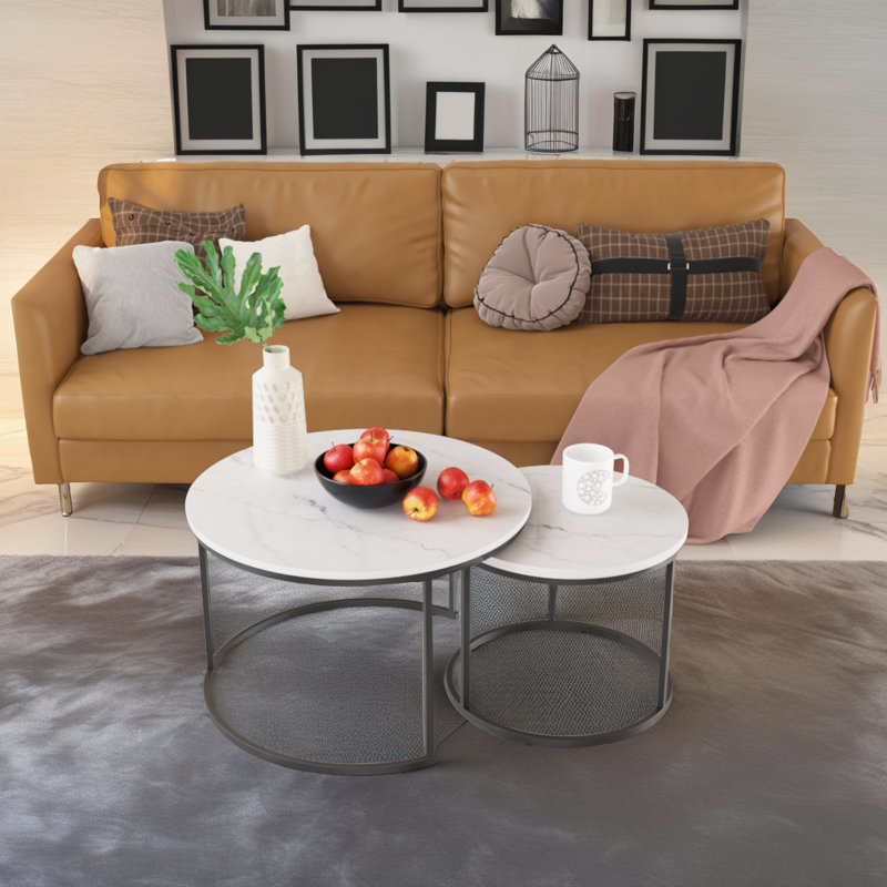 Nesting Coffee Table Set – Marble-Look Top with Metal Frame (2-Piece), White