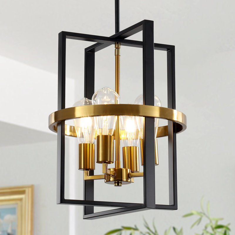 4 - Light Dimmable Geometric Lantern Modern Farmhouse Chandelier, Matte Black/Gold