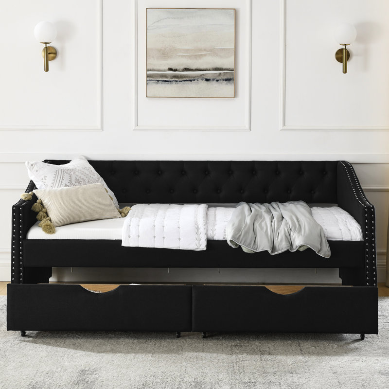 Lit de jour simple avec tissu en lin et solutions de rangement sous le lit, tiroirs revêtus de noir Capacité de poids de 500 lb