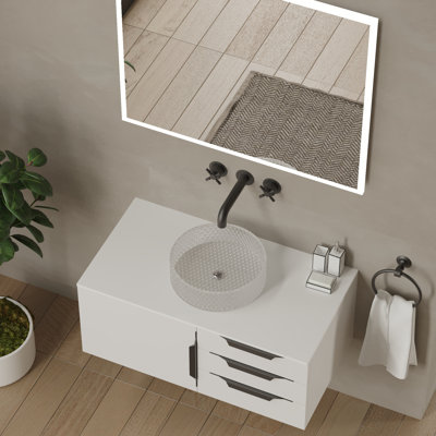 Ensemble de meuble-lavabo simple flottant 36 po avec lavabo vasque en verre trempé rose Wildsee