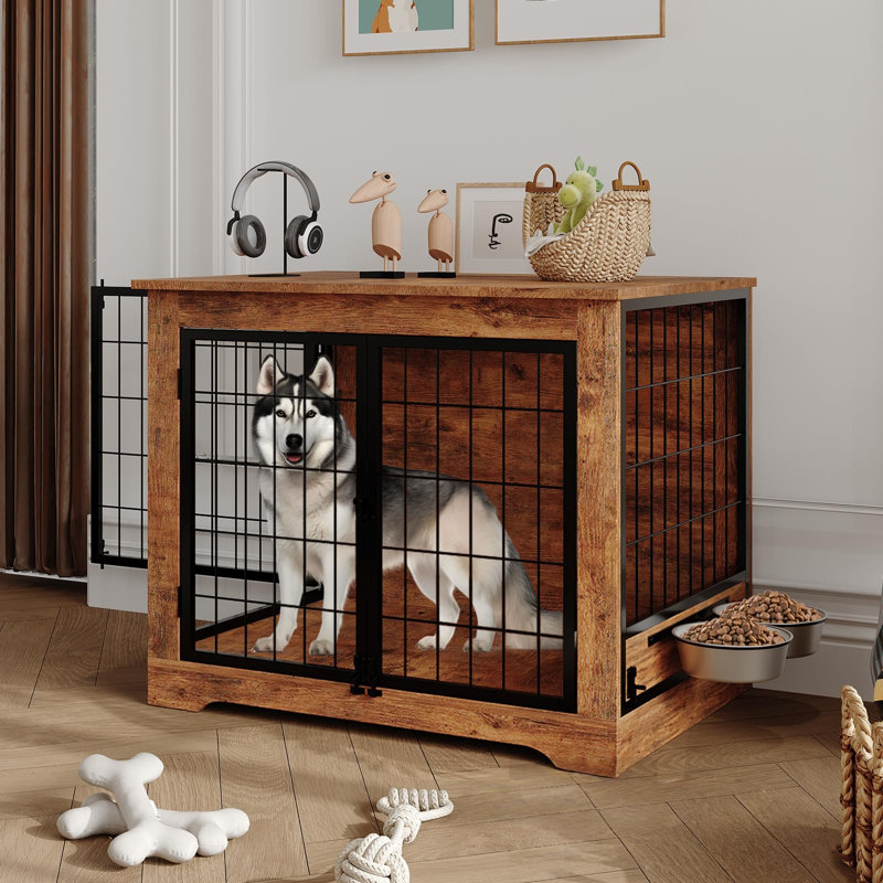 Mobilier de caisse en bois pour chien de grande taille 32 pouces pour chenil 2 portes 360 mangeoires rotatives pour chien