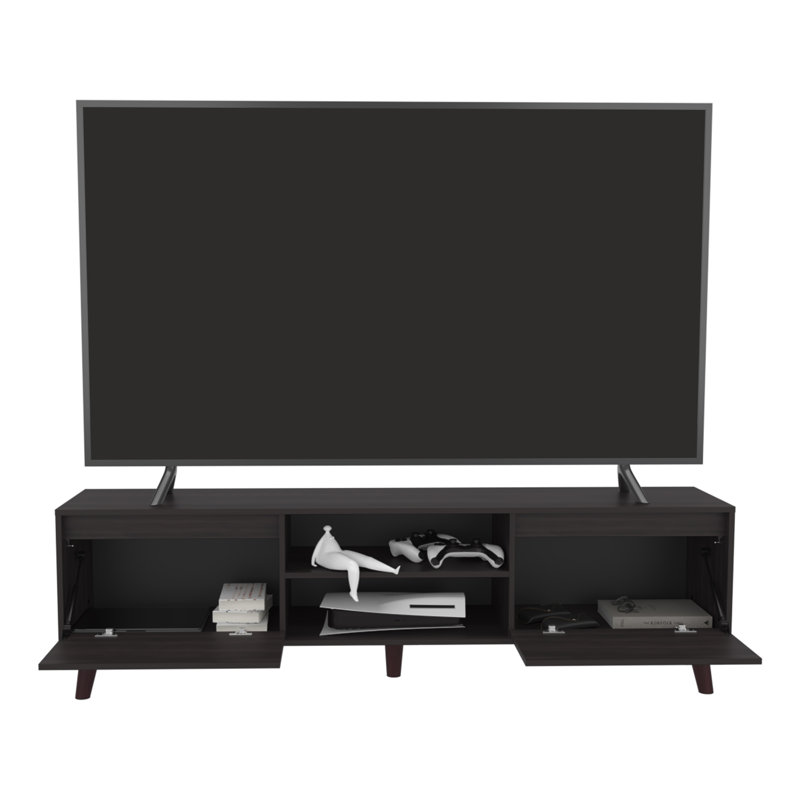Meuble télé pour téléviseur de 75 po ou moins, console de divertissement moderne avec armoires et tablettes ouvertes