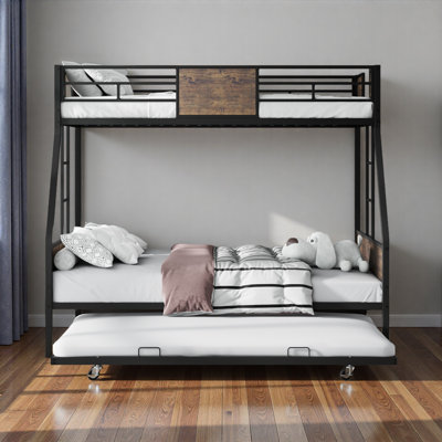 Twin Over Full Bunk Beds With Trundle, Metal Bunk Bed Frame With Safety Guardrail And 2 Ladder For Kids,Sturdy Metal Frame And Protective Board Supports, No Box Spring Needed, Easy Assembly