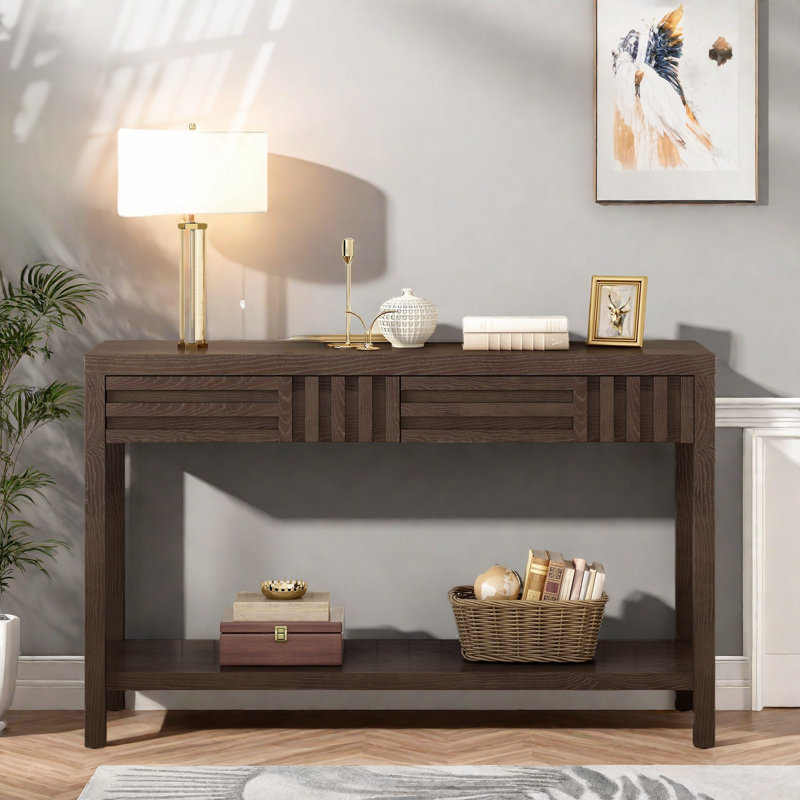 Modern Console Table With Striped Design, 2 Drawers And 2-tier Design, Brown