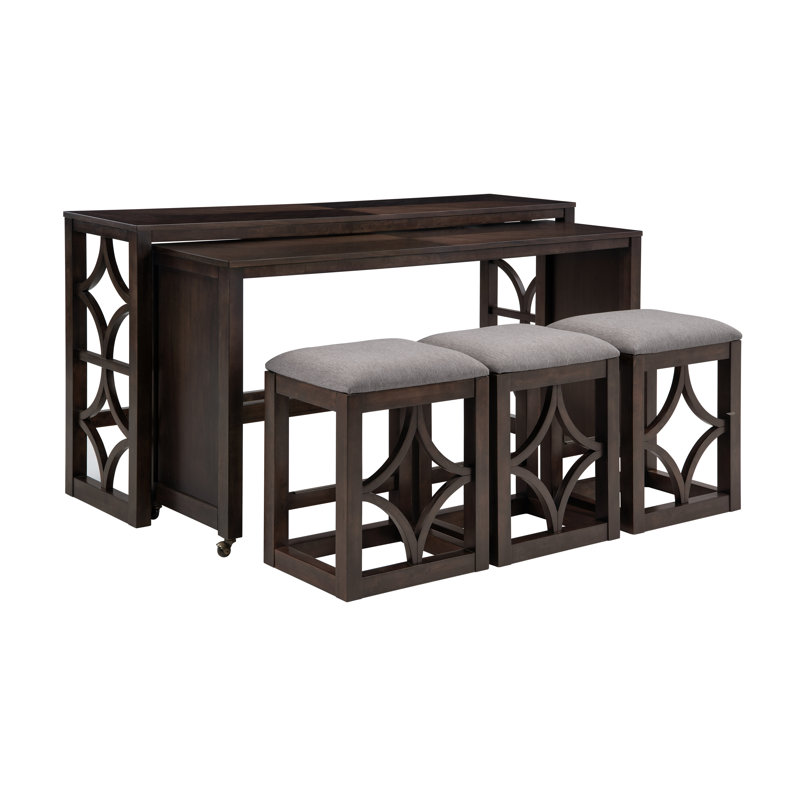 Rabeeah 72" Long Rolling Console & 3-Stool Set, Brown