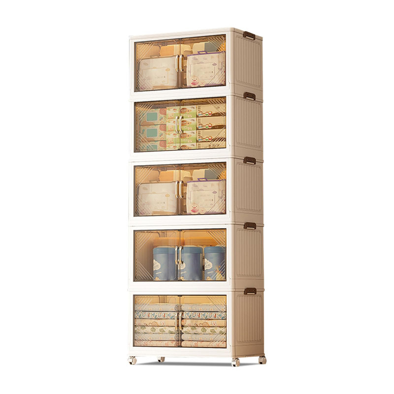 5-Tier Foldable Storage Box System with Wheels – Stackable Plastic Organizer with Magnetic Front/Top & Lid – Large for Home, Kitchen