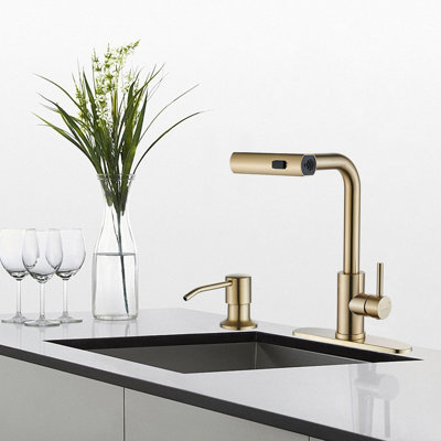 Modern Stainless Steel Single-Lever Kitchen Faucet With Pull-Down Nozzle With Soap Dispenser
