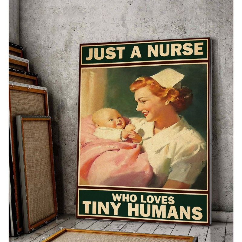 «A Nurse Who Loves Tiny Humans», toile tendue pour la profession, décor vert et orange, H 14 po x l 11 po x P 2 po