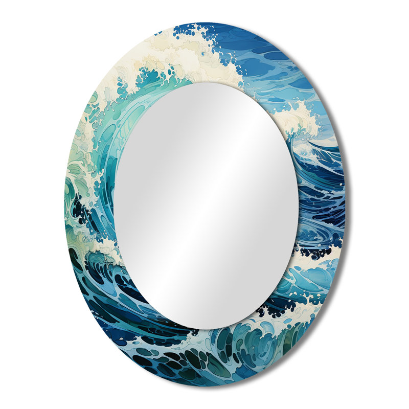 Coastal Waves Of Wonder VII - Waves Decorative Mirror, Coastal Wall Mirror, Printed Metal Art, 36" x 24", Oval
