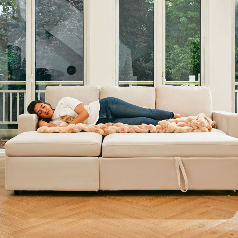 Rafael Armless Pullout Sleeper Sofa Module, Beige Velvet
