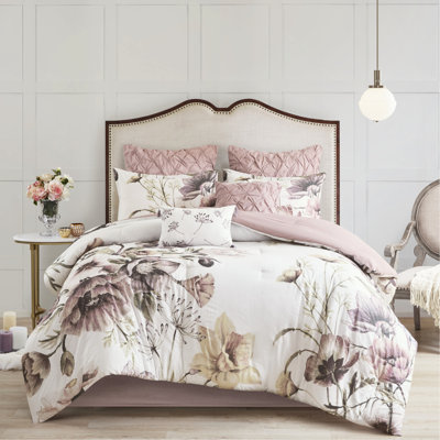 Édredon très grand Blush - coton 8 pièces avec imprimé floral à grande échelle et coussins décoratifs avec bourre de couleur romantique
