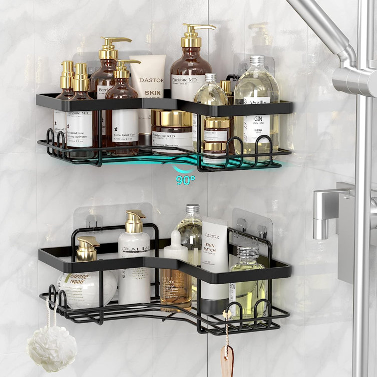 Rebrilliant 2 Pack Corner Shower Caddy,Strong Adhesive Shower Organizer Shelf with 8 hooks.Waterproof, Rustproof Wall-Mounted Shower Shelves for Bathroom,Dorm and