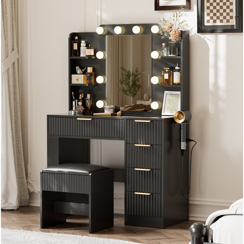 Vanity Table with Mirror and Lights, Vanity Desk and Cushioned Stool Set with Charging Station, Storage Drawers and Transparent Tabletop for Bedroom, Black