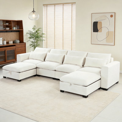 White Chenille Modular Sectional Sofa, Oversized U-shaped Couch With Storage