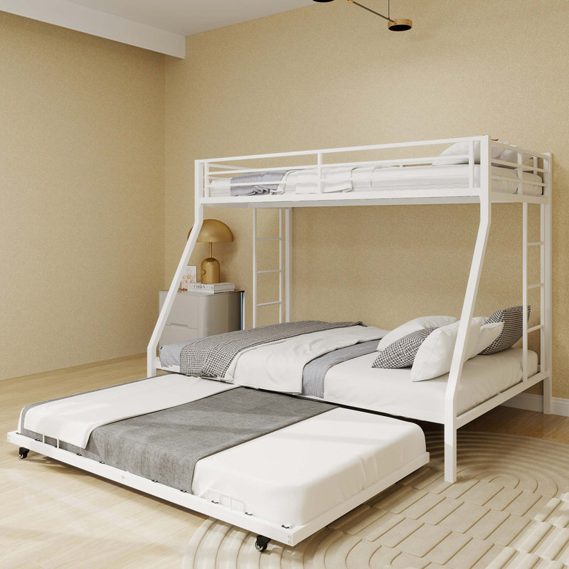 High - Stability Square Tube Bunk Bed, Featuring Ladder & Rolling Trundle, Modern Minimalist Look, Strong Load - Bearing for Home, Dormitory & Guest Room Needs-Queen Size