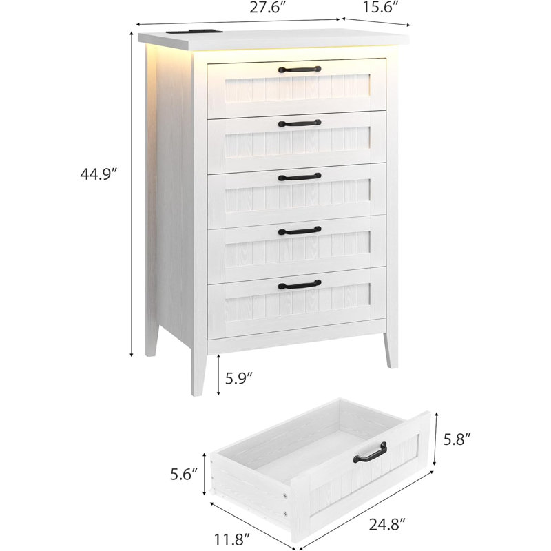 44.9" White 5 Drawer Dresser, Charging Station & LED, Farmhouse Chest for Hallway, White