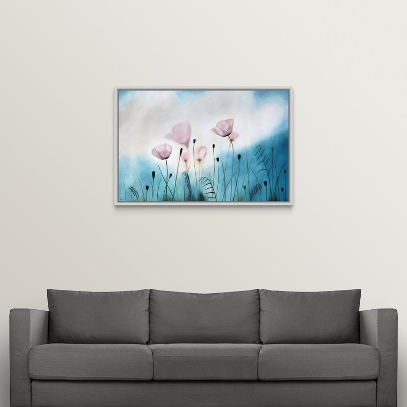 « gossamer prières », peinture sur toile, H 33,7 po x l 49,7 po x p 1,75 po, Cadre flottant blanc