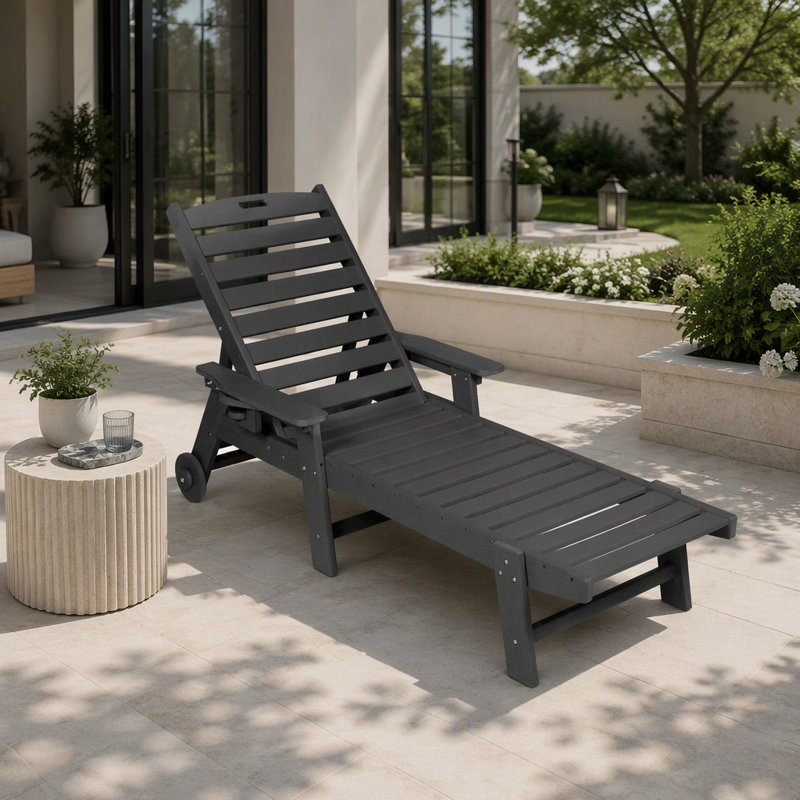 Oversized 3-Piece Lounge Chair Set With Side Table, All-Weather Patio Furniture With Adjustable Backrest, Wheels And Cup Holder For Ultimate Outdoor Relaxation