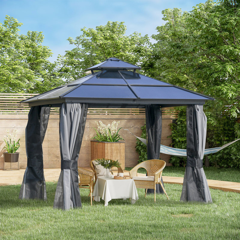 Hardtop Gazebo Canopy With Polycarbonate Double Roof, Aluminum Frame, Permanent Pavilion Outdoor Gazebo With Netting And Curtains(Canopy)