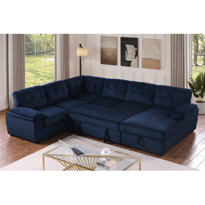 Eugene 4 Piece Upholstered Corduroy Sleeper Sectional Sofa With Storage Chaise