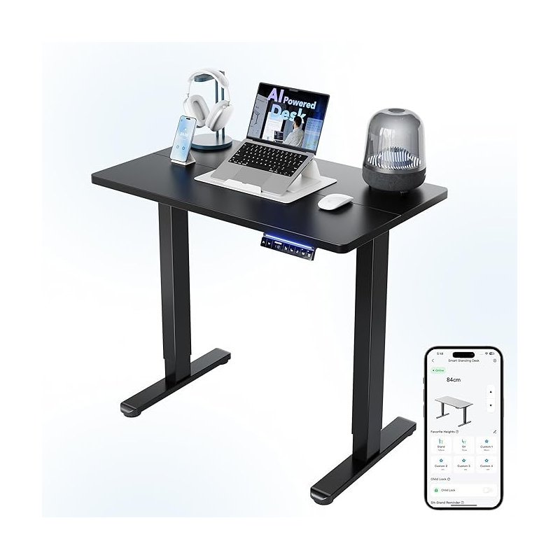 Adjustable Metal Base Standing Desk, 80cm. W x 48cm. D, Black/Black