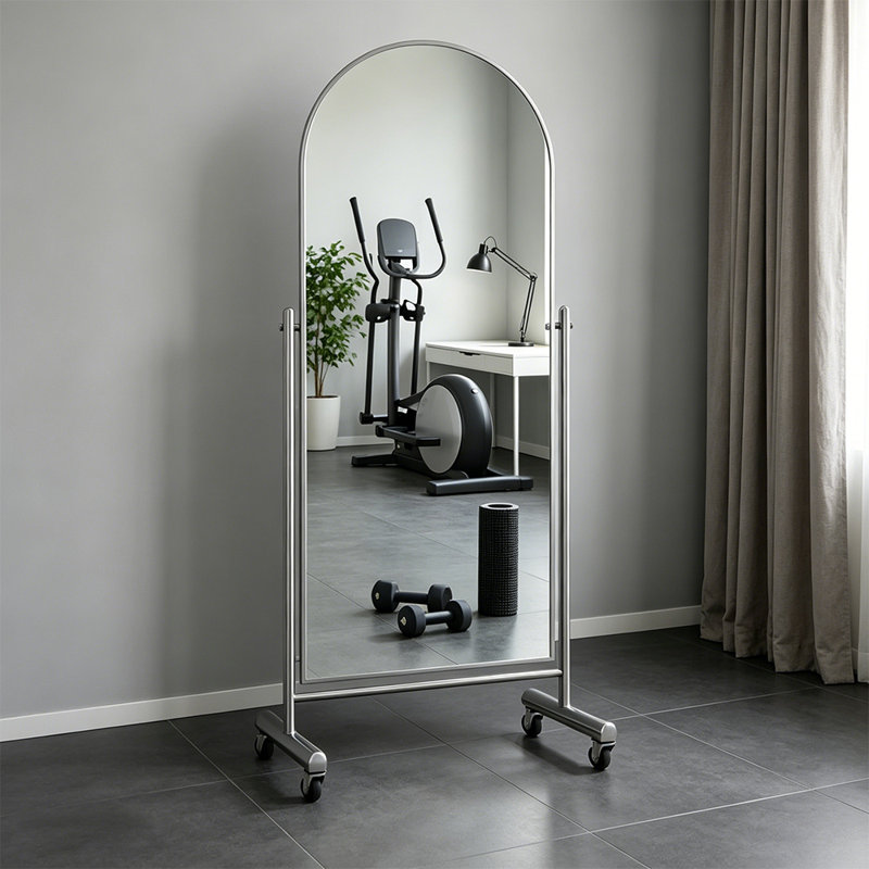 Standing Mirror Arched Full Length With Wheels,For Dance Studio/Home Gym，Tempered Glass & Metal Frame, Silver