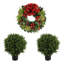 26" Holiday Wreath and Two UV Rated Boxwood Topiary Drop-Ins