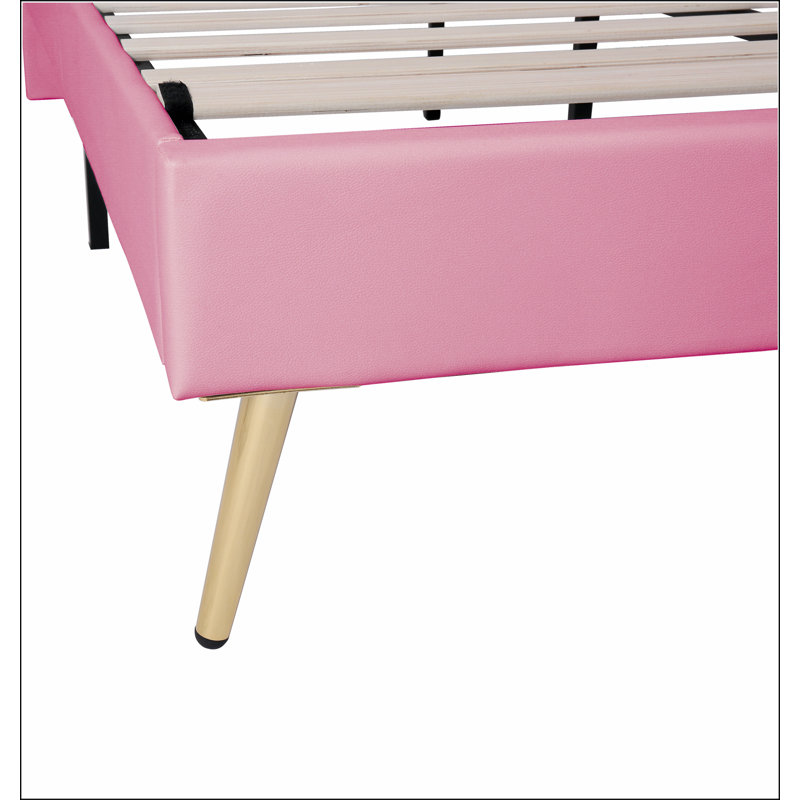 Structure de lit tapissier avec lumières DEL, lit princesse rembourré moderne avec tête de lit couronne, Double, Blanc / Rose