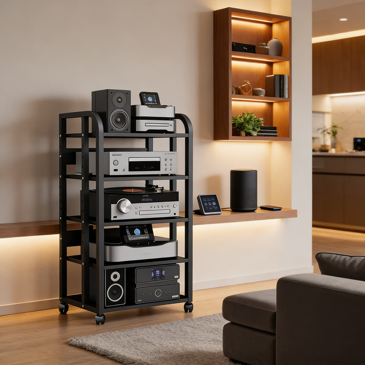 Multimedia Storage Rails 17 Stories 5-Tier Media Stand With Wheels And Adjustable Shelves, Heavy ...