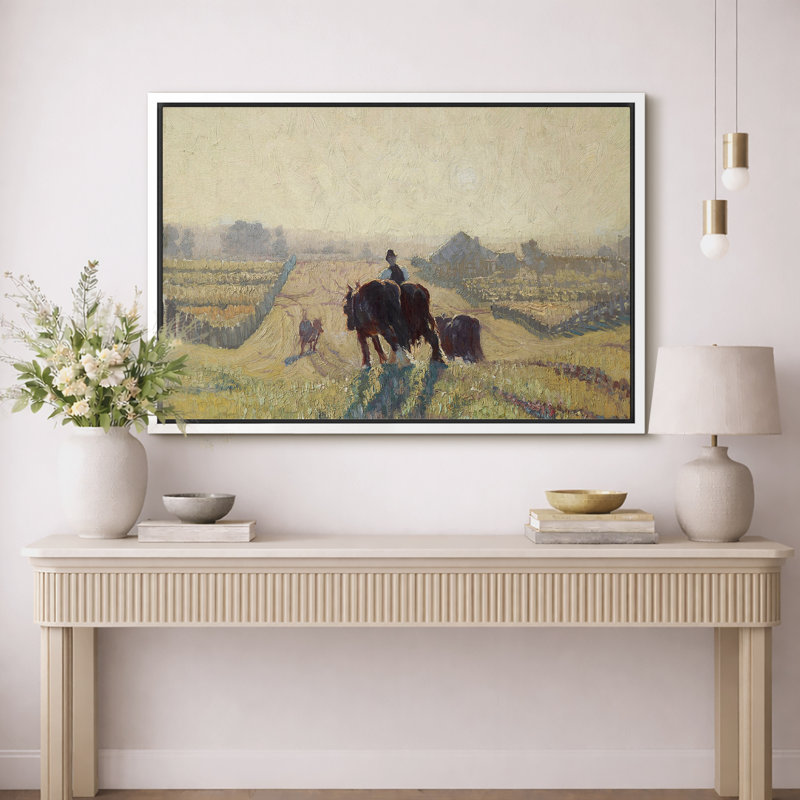 «Farmer with Oxen in Harvest Field», art de la salle à manger, impression sur toile encadrée sur toile., Cadre flottant blanc