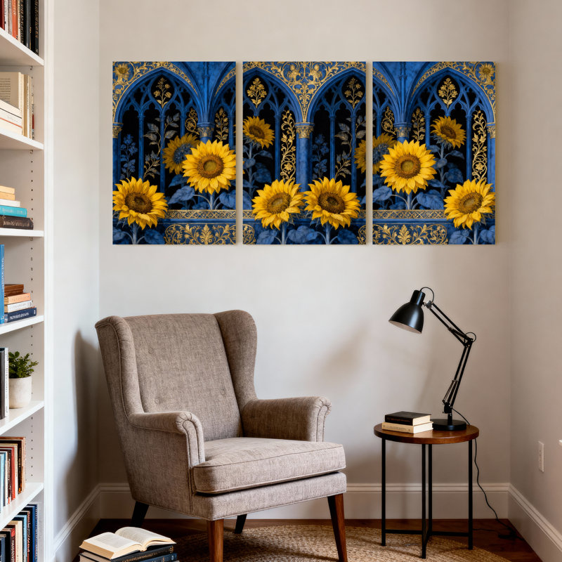 Plantes et fleurs, tournesols en arche gothique avec accents bleus et dorés, ensemble de 3 impressions sur toile