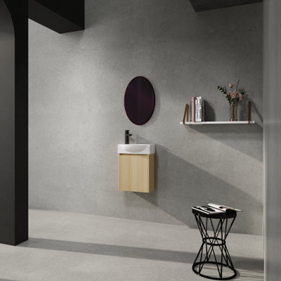 Meuble-lavabo de 15,94 po de conception américaine en chêne - Armoire murale en bois d'ingénierie avec lavabo en céramique facile à nettoyer et rangement peu encombrant