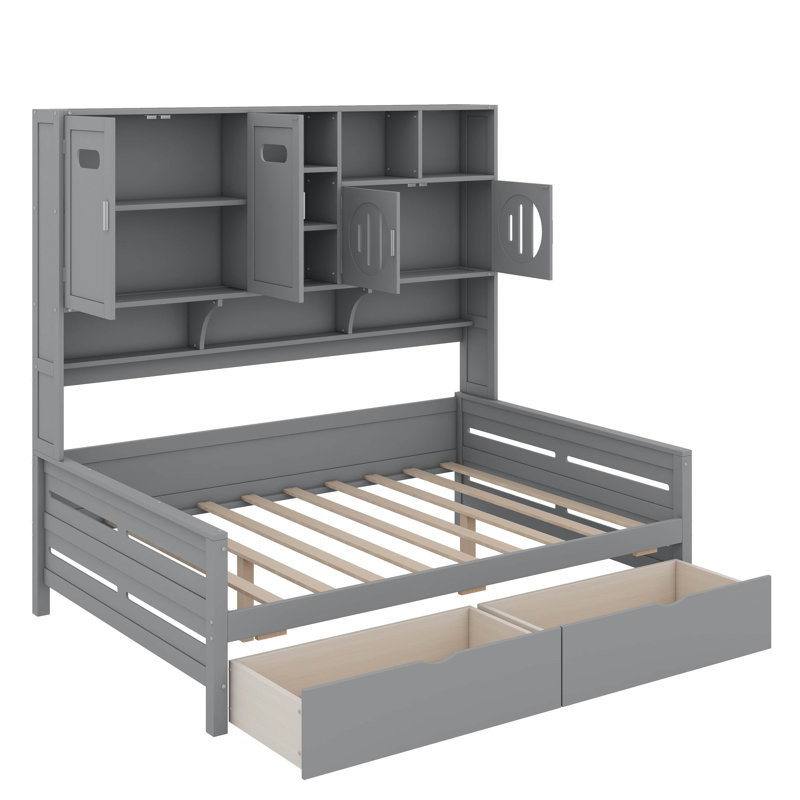 Lit de jour en bois avec tiroirs, Gris, Lit double