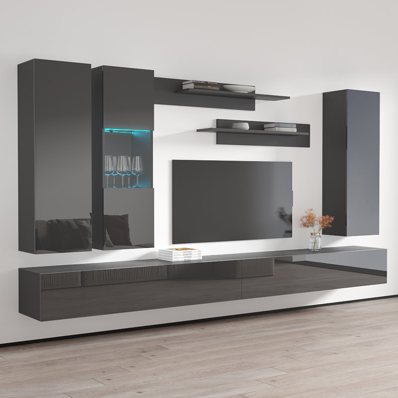 Vreeland 126" Modern Floating Wall Mounted Entertainment Center with 16-Color LED Lighting, High Gloss Finish, Gray