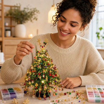 Christmas Decorations DIY Beaded Christmas Tree Kit Handmade Mini Tabletop Xmas Tree With Light 3 Styles Topper  Decor  Gift