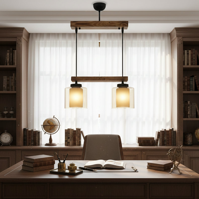 Luminaire suspendu linéaire pour îlot de cuisine 2 lumières Rowan, Oak/Ink