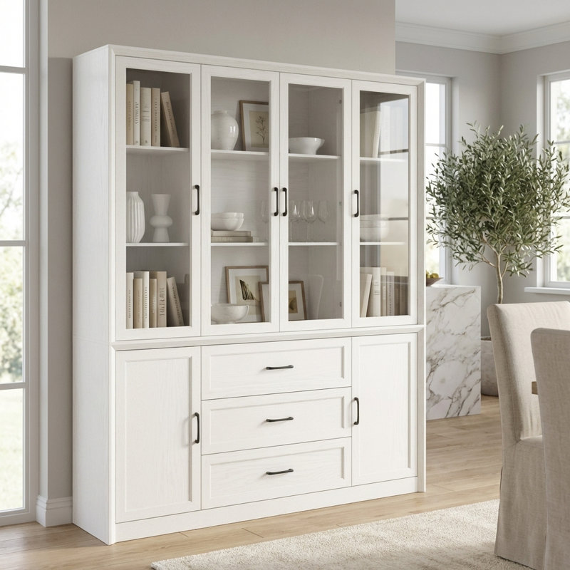 80'' H X 62'' W 3-Drawer Display Bookcase With Glass Doors, White