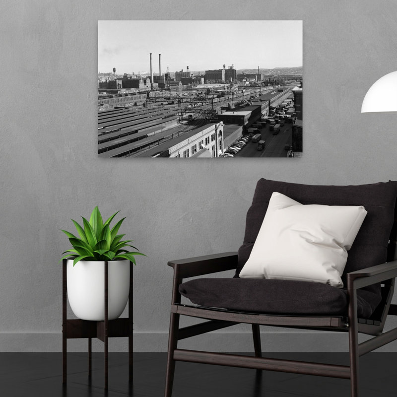1950s AERIAL OF RAILROAD YARD AT INDUSTRIAL SITE SURROUNDED BY FACTORIES by H. Armstrong Roberts - Wrapped Canvas Print