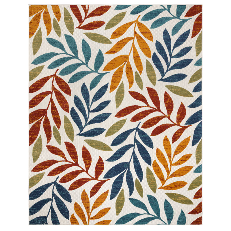 Fosel Folia All-Weather Flatweave Indoor/Outdoor Area Rug, Multicolored Modern Leaf – Patio, Deck, Porch & Living Room - 5x7