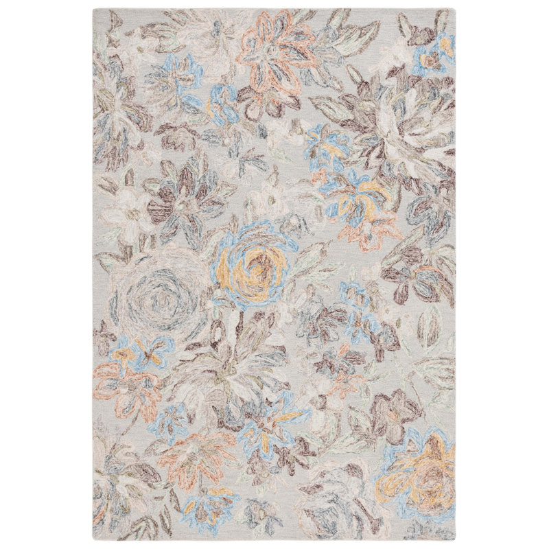 Tapis floral gris / bleu en laine / coton touffeté Thaddeus, Rectangle 8 pi x 10 pi